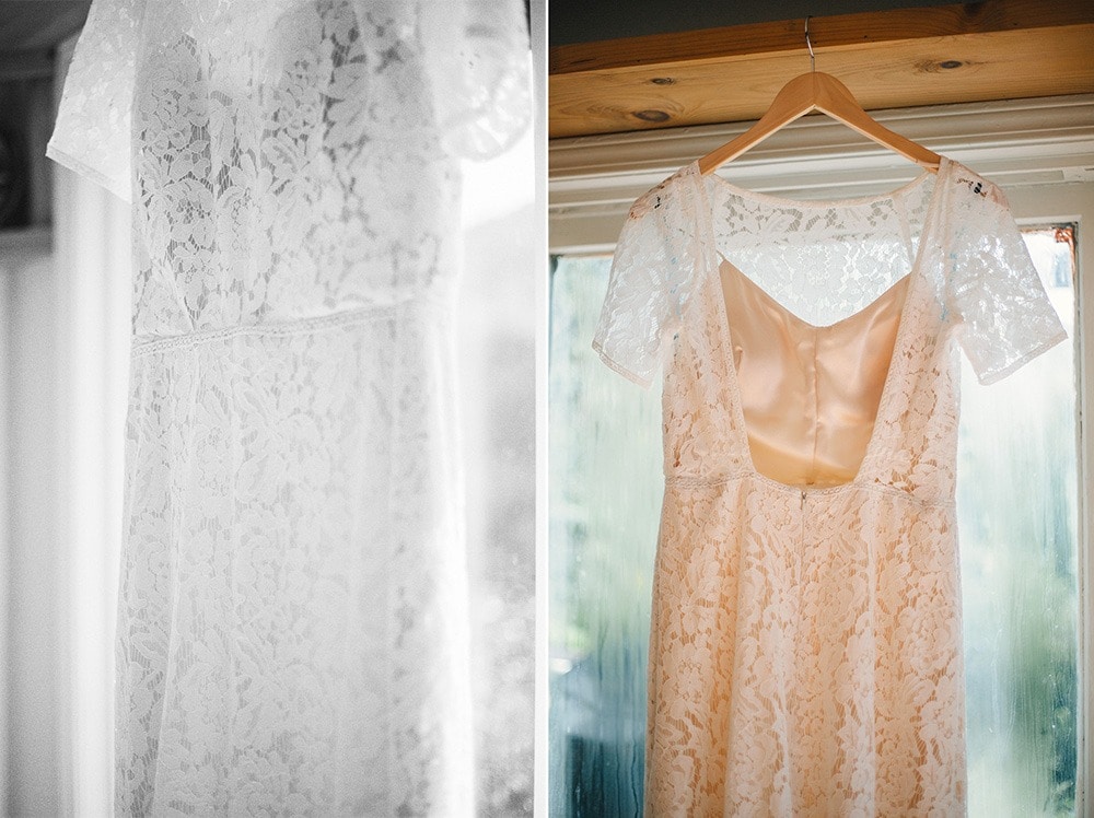 lace wedding dress hanging up