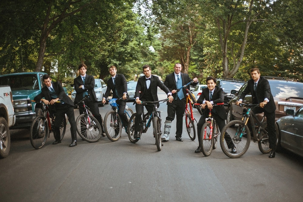 groomsmen on mountain bikes