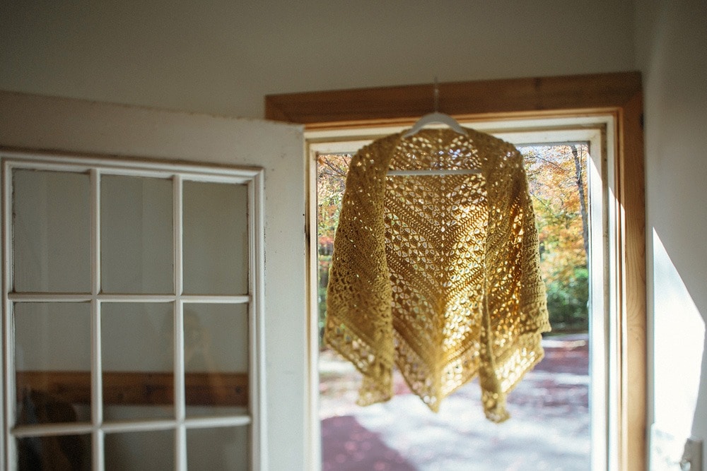 yellow knit shawl