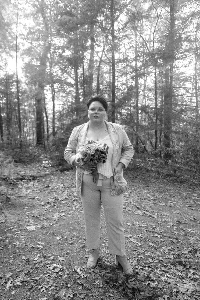 black and white looks like film queer wedding portrait